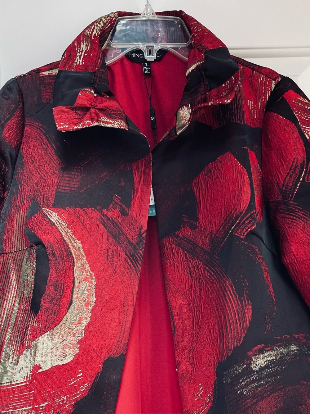 NWT Ming Wang Red Black Gold Brushstroke Jacquard Ruffle Collar Jacket Small - Picture 6 of 14